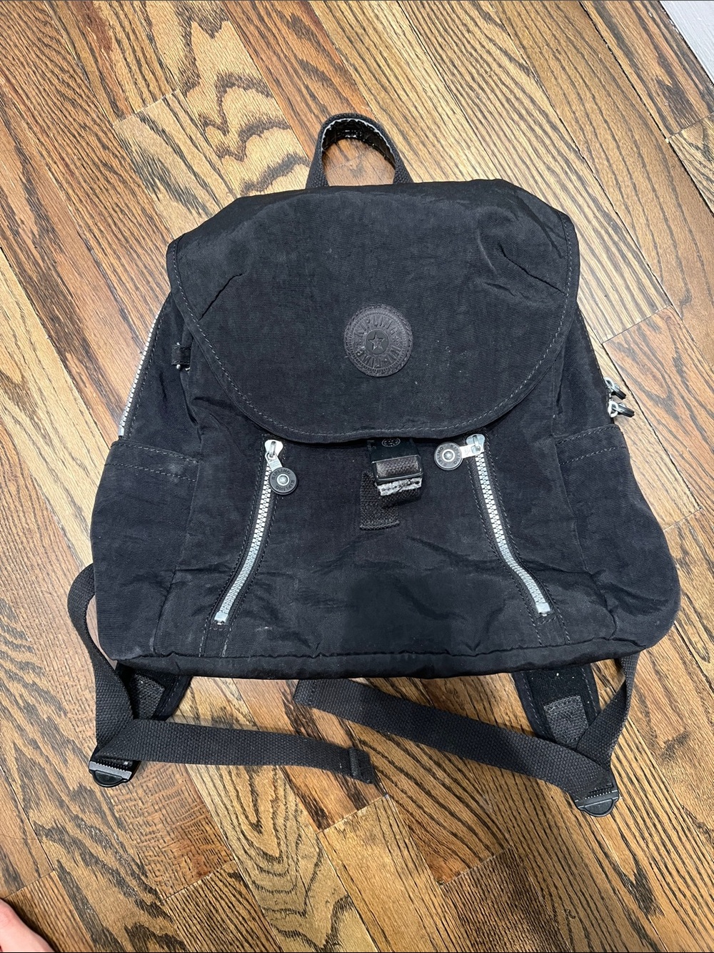 Kipling Black Casual Canvas Backpack with Silver Zippers